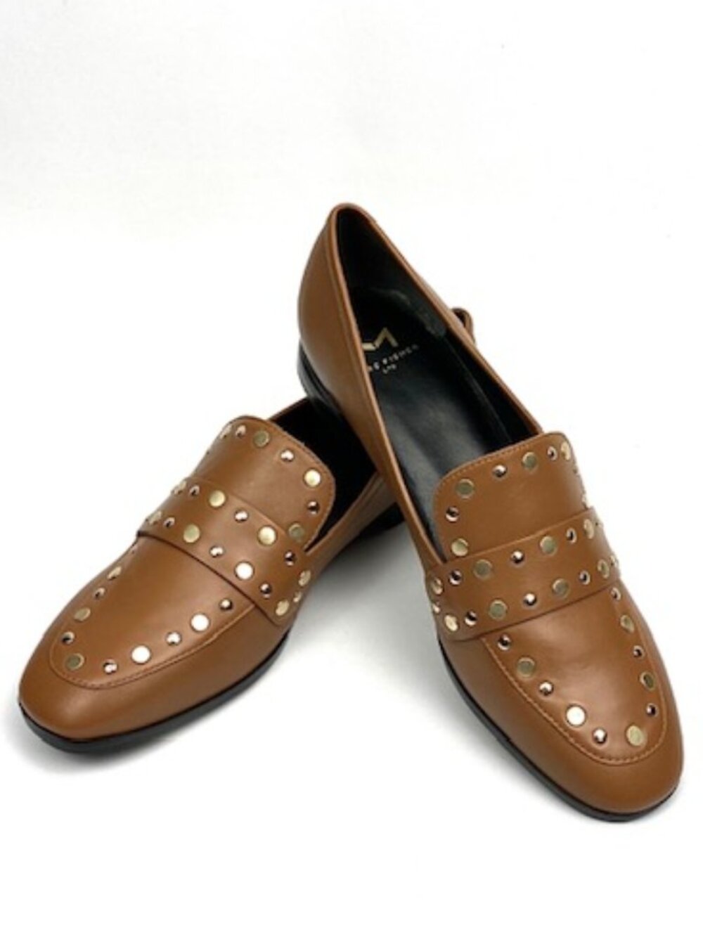 New Marc Fisher LTD Zimma Dark Brown Leather Gold Studded Loafer, 7